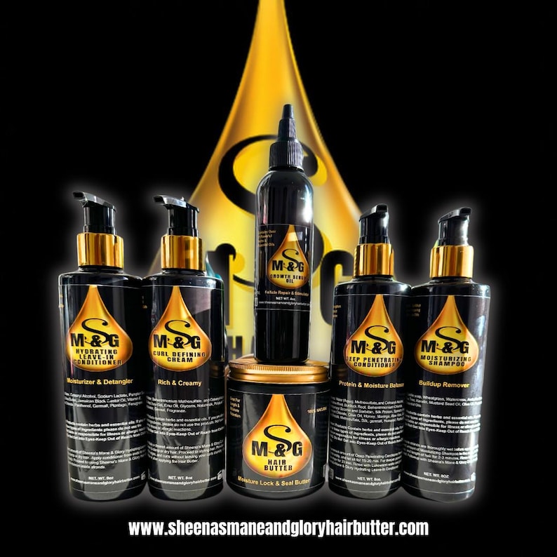 May include: A set of six black bottles with gold lids and labels. The bottles contain hair care products, including a moisturizing shampoo, a deep penetrating conditioner, a curl defining cream, a hydrating leave-in conditioner, a growth serum oil, and a hair butter. The labels feature the brand name "M&G" and product descriptions.