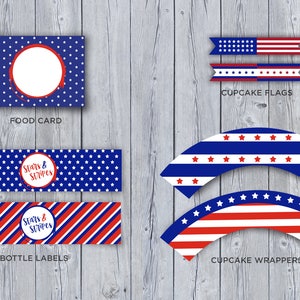 Descarga instantánea • Patriotic PRINTABLE Party Pack • USA BBQ Party • Cupcake Wrappers & Flags • Etiquetas de botellas • Stars and Stripes • Tarjeta de comida
