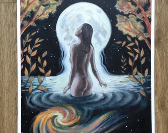 Traditional art , "Moonbath"  witchy aesthetic art, spiritual art, visionary painting, on canvas, surreal art, fairytale, fairycore wall art