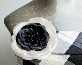4.5" Ivory & Black CAMELLIA Flower BROOCH in Silk Organdy, Satin, Velvet, glass wired flower center, studio made in NYC