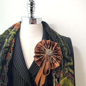 Copper Brown Plaid Rosette Brooch with Antique Glass Button, Handmade NYC