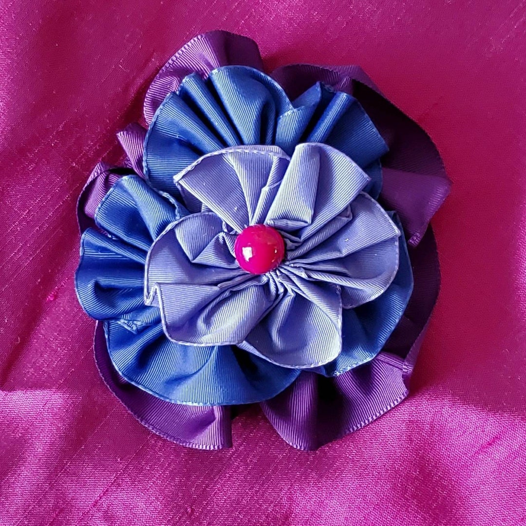 3.5 Purple Rosette Applique Ribbonwork, Handmade With Vintage Cotton