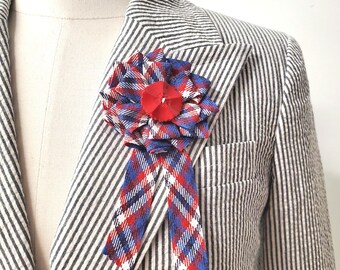 Red White and Blue COCARDE Award Badge, Americana cotton plaid handmade in NYC