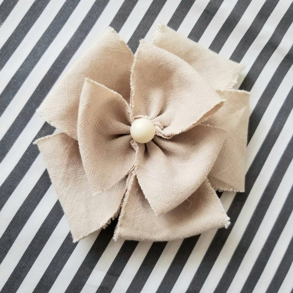 Ecru Linen Rosette Corsage Brooch Hat Pin, gray taupe and cream flower, minimalist rustic neutral summer fashion, studio made in NYC