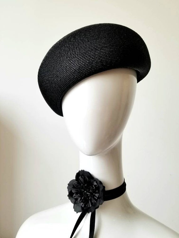 BLACK STRAW BERET 1950s Pill Box Tilt 