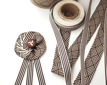 Caramel Brown Striped Rosette Brooch, Antique Button Center, Handmade NYC Flower Badge