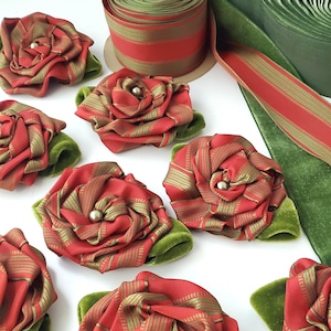 Red & Olive Stripe Rosette Brooch or Ornament with Velvet Leaves, vintage ribbons (4.5" w)