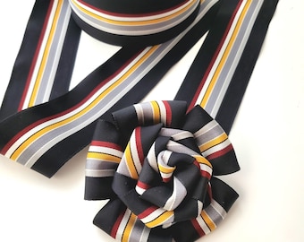 4" Black STRIPED Rosette Corsage Cockade, handmade with 1940s hat ribbons, flower pin accessory