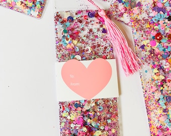 Valentine’s Day Heart Glitter Shaker Bookmark, Galentines, Personalized Bookmark, Pink