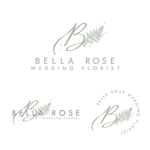 Puede incluir: Un logotipo para una floristería de bodas llamada Bella Rose. El logotipo presenta una letra B estilizada con un helecho y una dispersión de puntos. El texto "Bella Rose Wedding Florist" está debajo del logotipo.