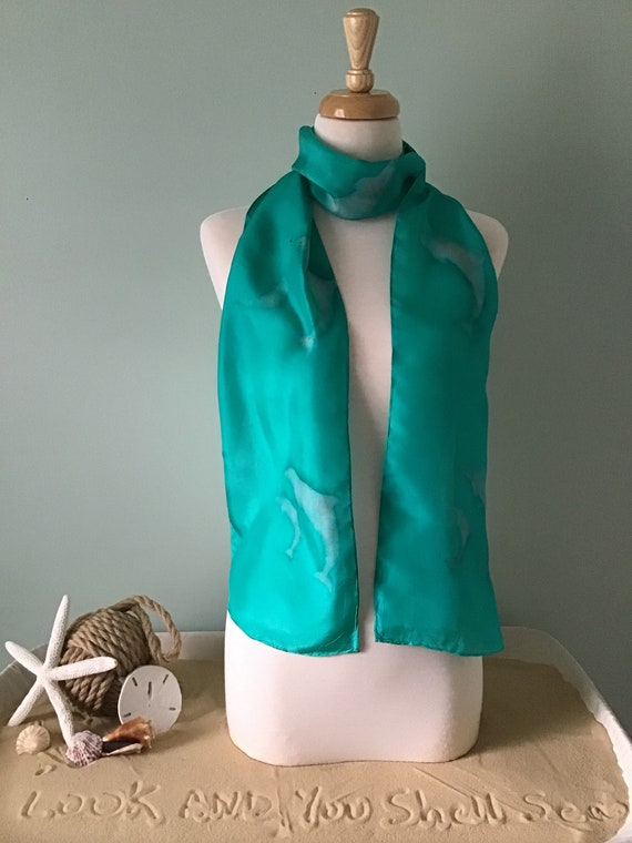 Turquoise Colored Silk Scarf With Pink Dolphin Design