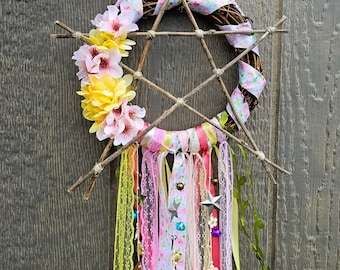Witches Bells Door Wreath with Pentagram | Door Chimes | Witch Bells | Witchy Decor | Spring Decor | Cottagecore