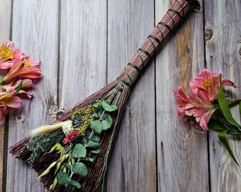 Hawktail Whisk Broom | Cottagecore Decorative Hand Broom with Dried Florals | Altar Besom