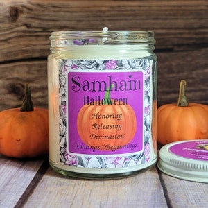 Samhain Candle: Pumpkin Spice Scented, Black Obsidian & Rosemary
