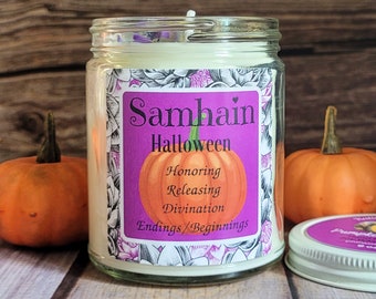 Samhain Candle: Pumpkin Spice Scented, Black Obsidian & Rosemary