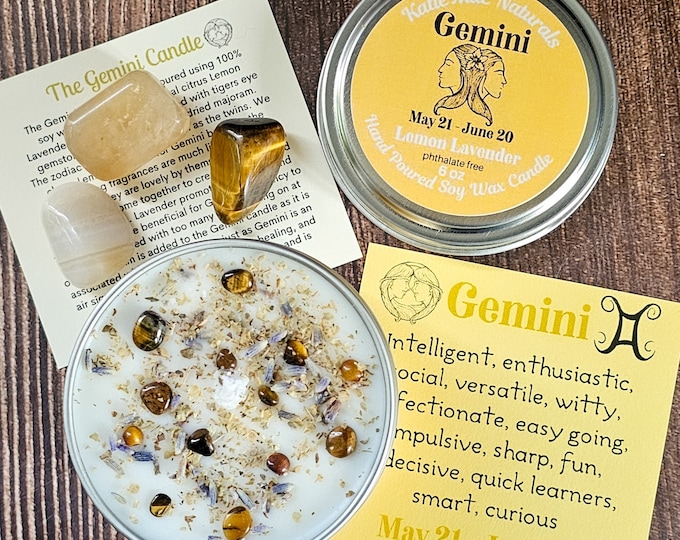 Gemini Gift Set: Lemon Lavender Soy Candle with Crystals