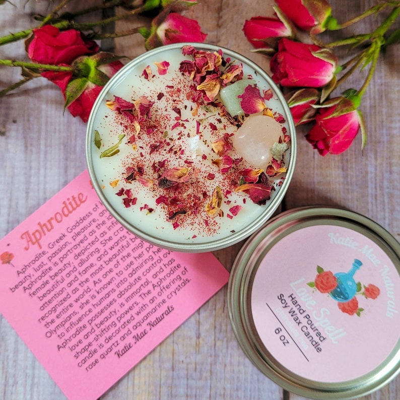 Aphrodite Goddess Candle: Rose Quartz, Soy Wax, Loving Spell Scent image 4