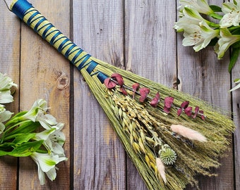 Hawktail Whisk Broom | Cottagecore Decorative Hand Broom with Dried Florals | Altar Besom