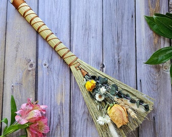 Hawktail Whisk Broom | Cottagecore Decorative Hand Broom with Dried Florals | Altar Besom