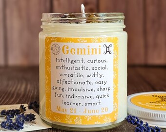 Gemini Zodiac Candle: Lemon Lavender Soy Wax with Tigers Eye