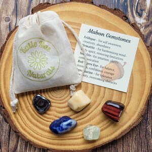 May include: A set of seven gemstones in a small pouch with a label that reads "Mabon Gemstones" and lists the names and properties of each stone. The stones are: Feldspar, Hematite, Sunstone, Red Tiger's Eye, Aquamarine, and a clear stone.