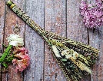 Hawktail Whisk Broom | Cottagecore Decorative Hand Broom with Dried Florals | Altar Besom