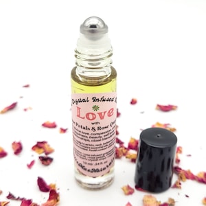 Love Essential Oil Roll On with Rose Quartz Crystals | Herb and Crystal Infused Oil Roller | Oil Roller with Gemstones