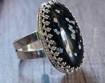 Sterling Silver Snowflake Obsidian Ring | Size 7.5 Gemstone Ring | 925 Silver Ring | Snow Flake Obsidian Ring | Split Band Ring