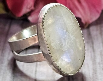 Sterling Silver Rainbow Moonstone Ring | Size 9.5 Gemstone Ring | 925 Silver Ring | Moonstone Crystal Ring | Split Band Ring