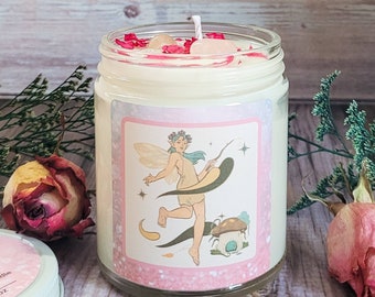 Fairy Magic Soy Candle: Rose Quartz Crystals, Floral Scent