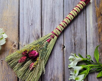 Hawktail Whisk Broom | Cottagecore Decorative Hand Broom with Dried Florals | Altar Besom