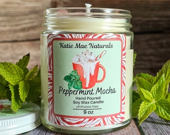 Peppermint Mocha Soy Wax Candle | Candles with Crystals | Eco Friendly Candles | Holiday Candles