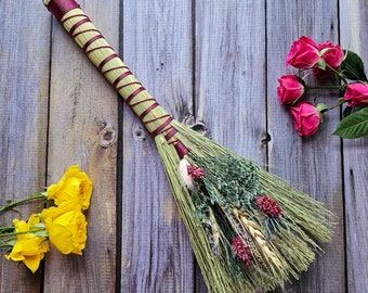 Hawktail Whisk Broom | Cottagecore Decorative Hand Broom with Dried Florals | Altar Besom