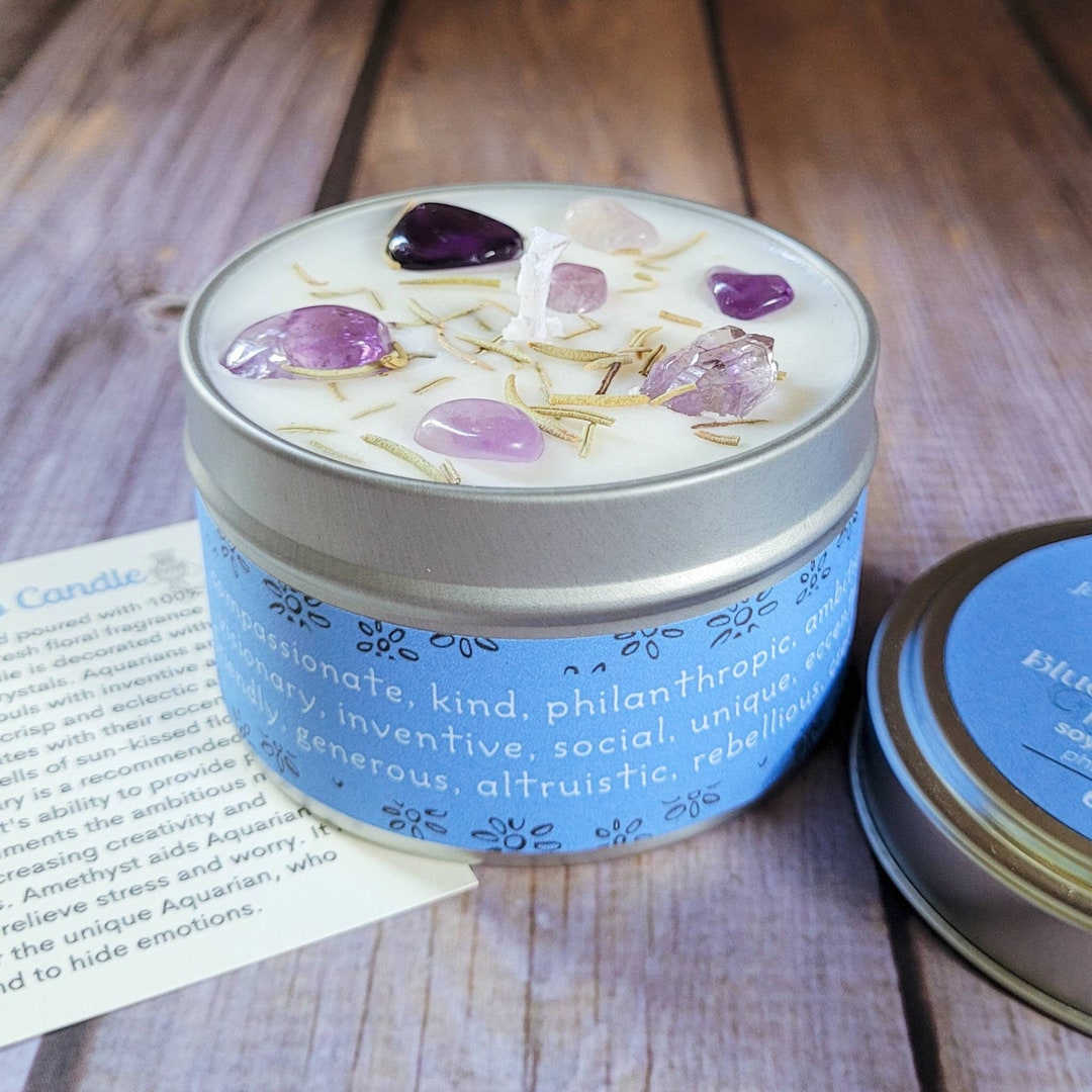 Aquarius Candle Aquarius Zodiac Gift Candle With Crystals Etsy