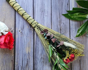 Hawktail Whisk Broom | Cottagecore Decorative Hand Broom with Dried Florals | Altar Besom