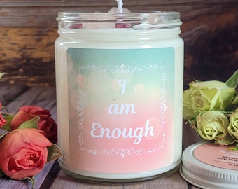 I Am Enough Candle: Honey Vanilla Scented Soy Candle with Rose Quartz