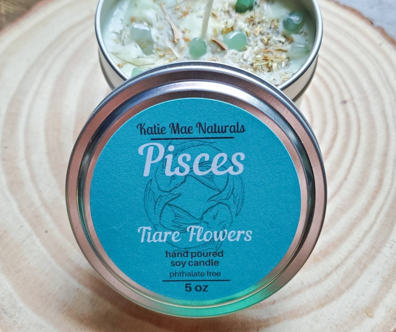 Pisces Zodiac Gift Pisces Crystal Candle Tiare Flowers Scented Soy Wax Candle Eco Friendly Gifts