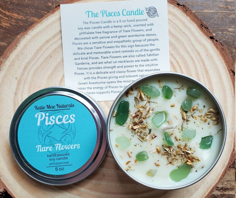 Pisces Zodiac Gift Pisces Crystal Candle Tiare Flowers Scented Soy Wax Candle Eco Friendly Gifts