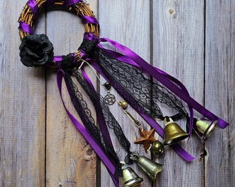 Witches Bells Door Wreath, Handmade Purple Witch Bells