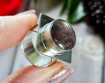 Sterling Silver Star Ruby Ring | Size 9 Gemstone Ring | 925 Silver Ring | Ruby Ring | Hammered Silver Ring