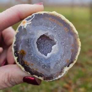 May include: A cross-section of a geode, showcasing a central cavity filled with crystalline structures. The outer edge is a light tan color, transitioning to a dark gray and then a light blue-gray interior. Small orange-brown spots are visible.