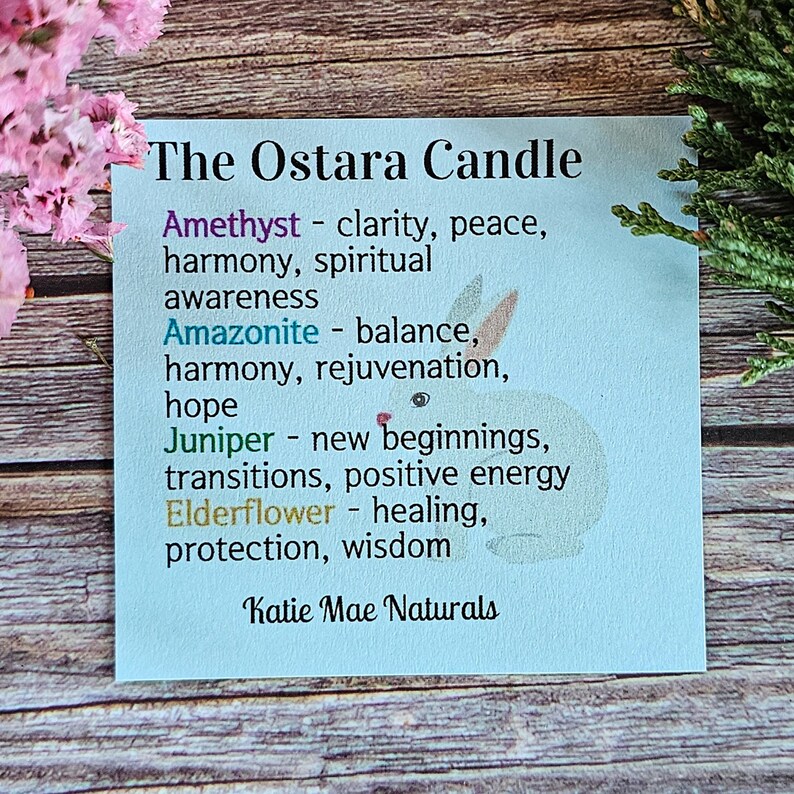 Peut inclure: Une carte bleue avec le texte "The Ostara Candle" et une liste de cristaux et leurs propri&eacute;t&eacute;s associ&eacute;es. Les cristaux list&eacute;s sont l'am&eacute;thyste, l'amazonite, le gen&eacute;vrier et la fleur de sureau.