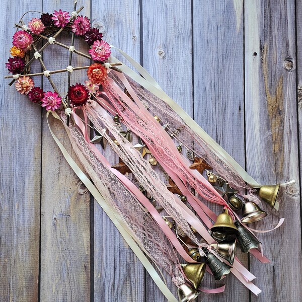 Witches Bells Door Wreath with Pentagram | Door Chimes | Witch Bells | Witchy Decor Spring | Beltane Wheel of the Year