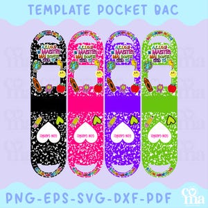 Puede incluir: Cuatro plantillas de bolsillo bac coloridas con un diseño de papel de cuaderno. Cada plantilla presenta un color diferente: negro, rosa, morado y verde. Las plantillas incluyen texto y gráficos como un globo, un crayón, una manzana y una carita sonriente.