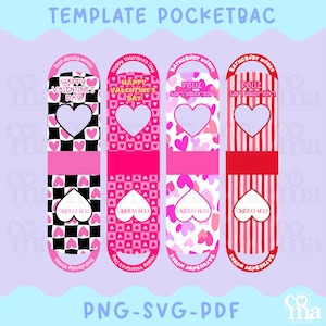 Puede incluir: Diseño digital con cuatro plantillas de pocketbac con temas de San Valentín. Los diseños incluyen corazones, patrones y texto que dice "Happy Valentine's Day" y "Feliz San Valentin". La paleta de colores es principalmente rosa, rojo y blanco.