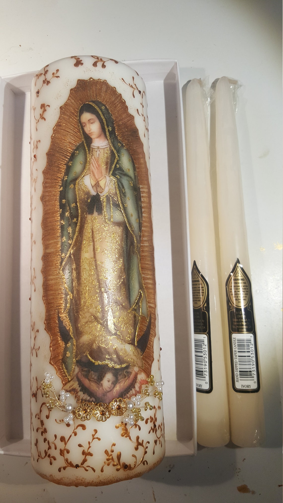 Our Lady of Guadalupe Candle, Handpainted Details 7.3/4tall. Catholic