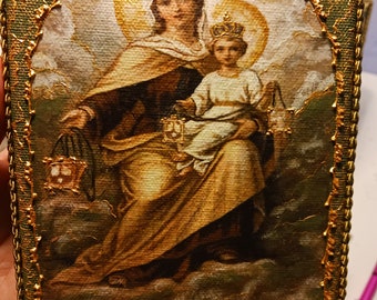 Handmade 5"x 7"canvas of Our Lady of Mount Carmel, in a gift box. Decoupage image on canvas, hand painted details all over. Handmade