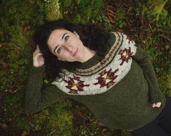 Patrón de tejido para suéter de exterior: Suéter Fair Isle con canesú (patrón PDF)