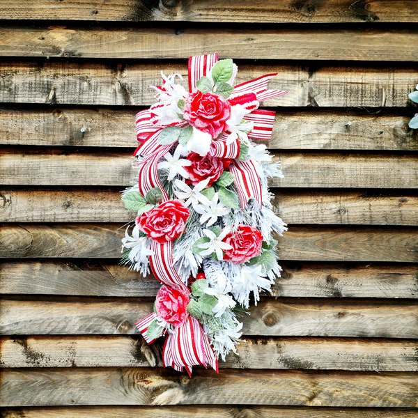 Christmas swag, snowy decoration, snowy swag, front door wreath, Christmas door wreath, red and white wreath, Christmas swag
