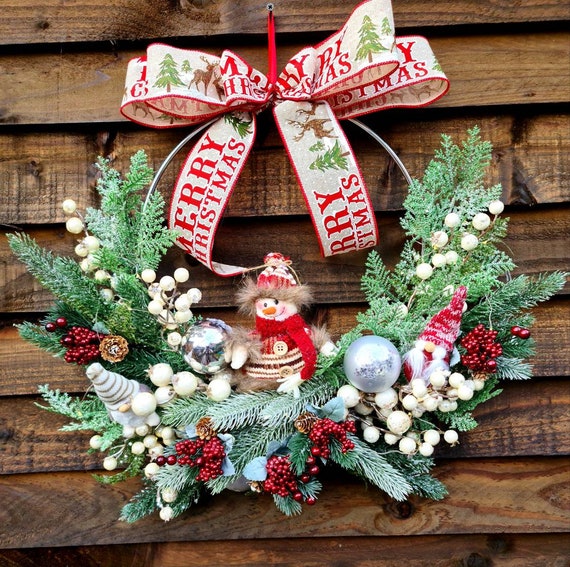 Christmas wreath door wreathsnowman wreathgnome | Etsy